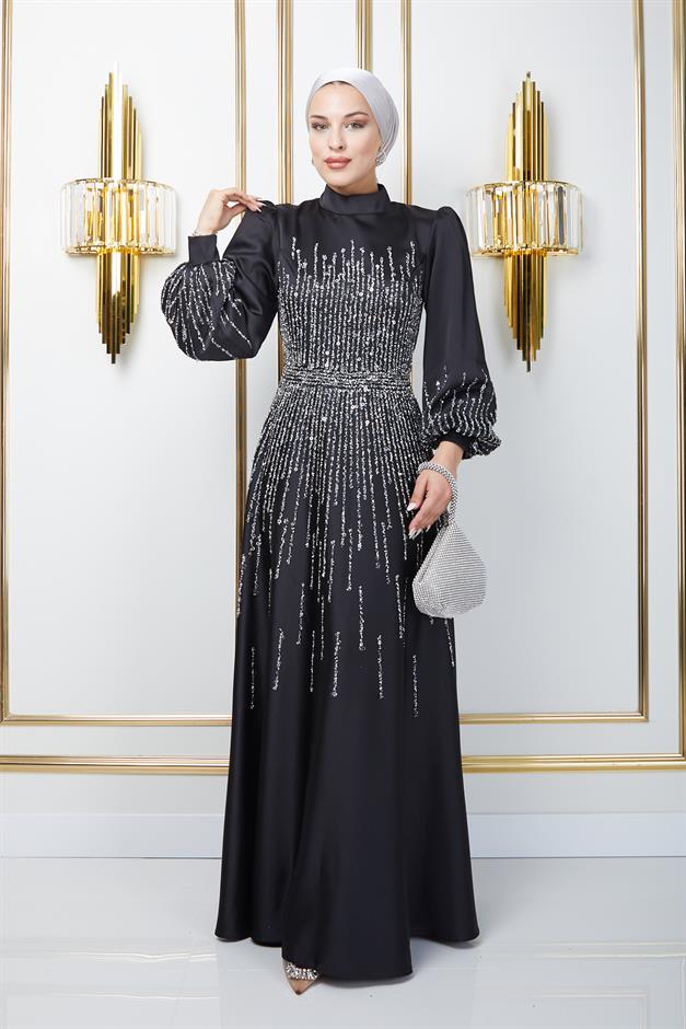 Satin Hijab Evening Dress with Stone Embellished Front BLACK 1670