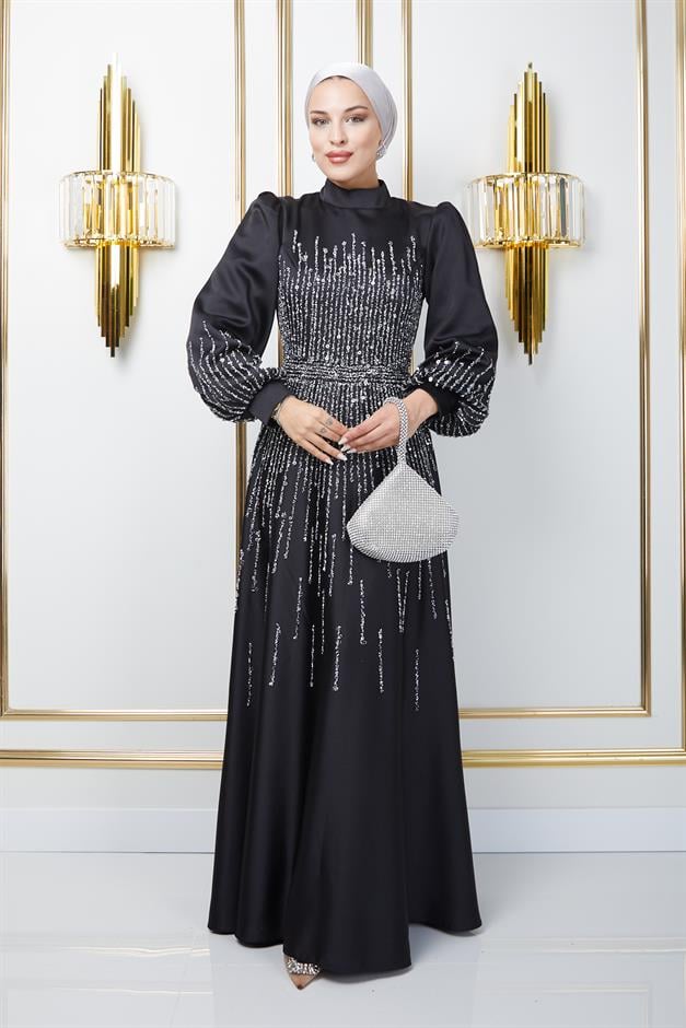 Satin Hijab Evening Dress with Stone Embellished Front BLACK 1670