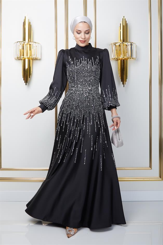 Satin Hijab Evening Dress with Stone Embellished Front BLACK 1670