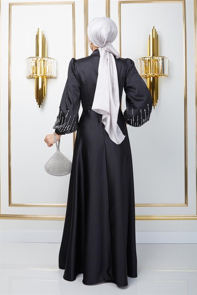 Satin Hijab Evening Dress with Stone Embellished Front BLACK 1670