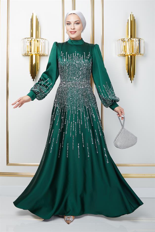 Satin Hijab Evening Dress with Stone Embellished Front GREEN 1670