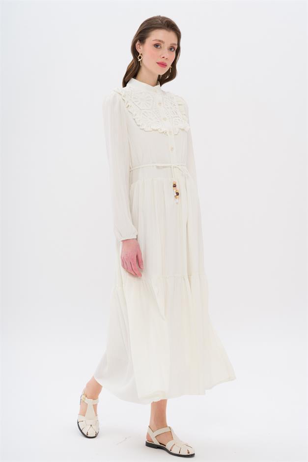 Lined Dress with Ruffle and Guipure Detail on the Front IVORY 9322-E