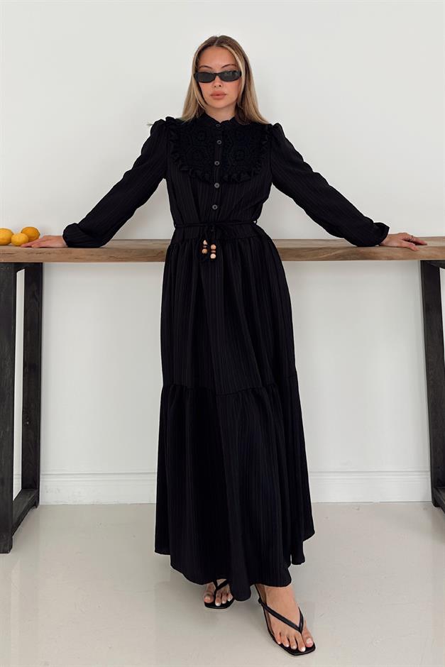 Lined Dress with Ruffle and Guipure Detail on the Front BLACK 9322-E