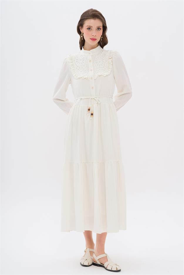 Lined Dress with Ruffle and Guipure Detail on the Front IVORY 9322-E