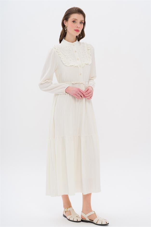 Lined Dress with Ruffle and Guipure Detail on the Front IVORY 9322-E