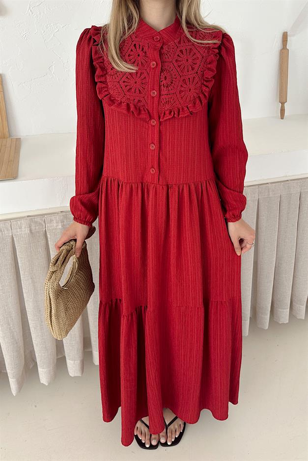 Lined Dress with Ruffle and Guipure Detail on the Front RED 9322-E