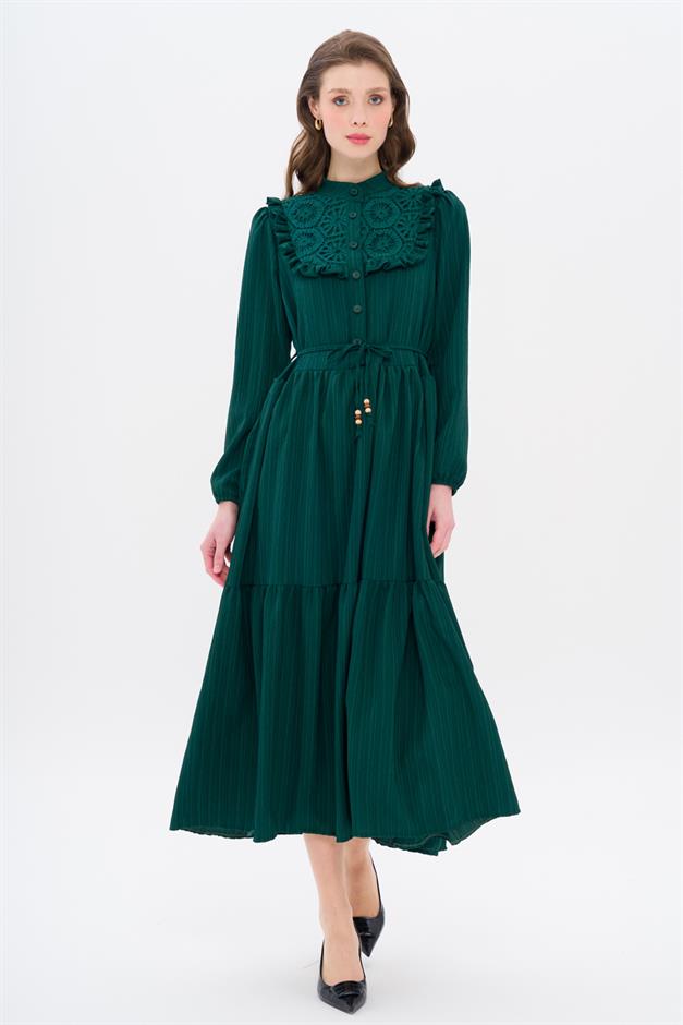 Lined Dress with Ruffle and Guipure Detail on the Front GREEN 9322-E