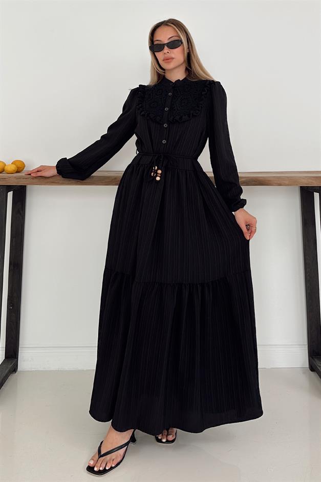 Lined Dress with Ruffle and Guipure Detail on the Front BLACK 9322-E