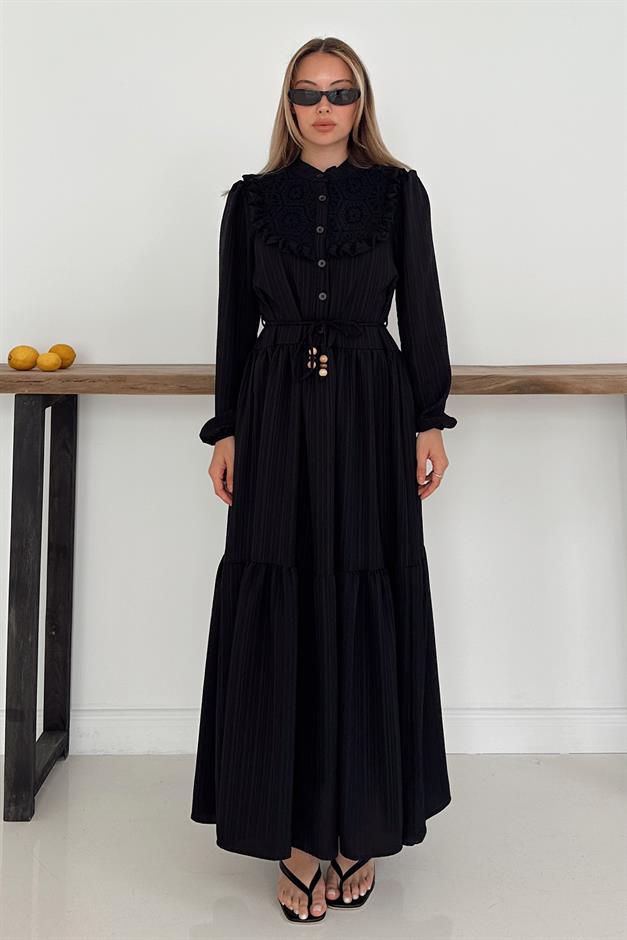 Lined Dress with Ruffle and Guipure Detail on the Front BLACK 9322-E