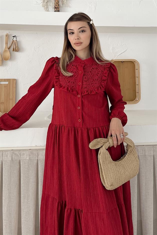 Lined Dress with Ruffle and Guipure Detail on the Front RED 9322-E