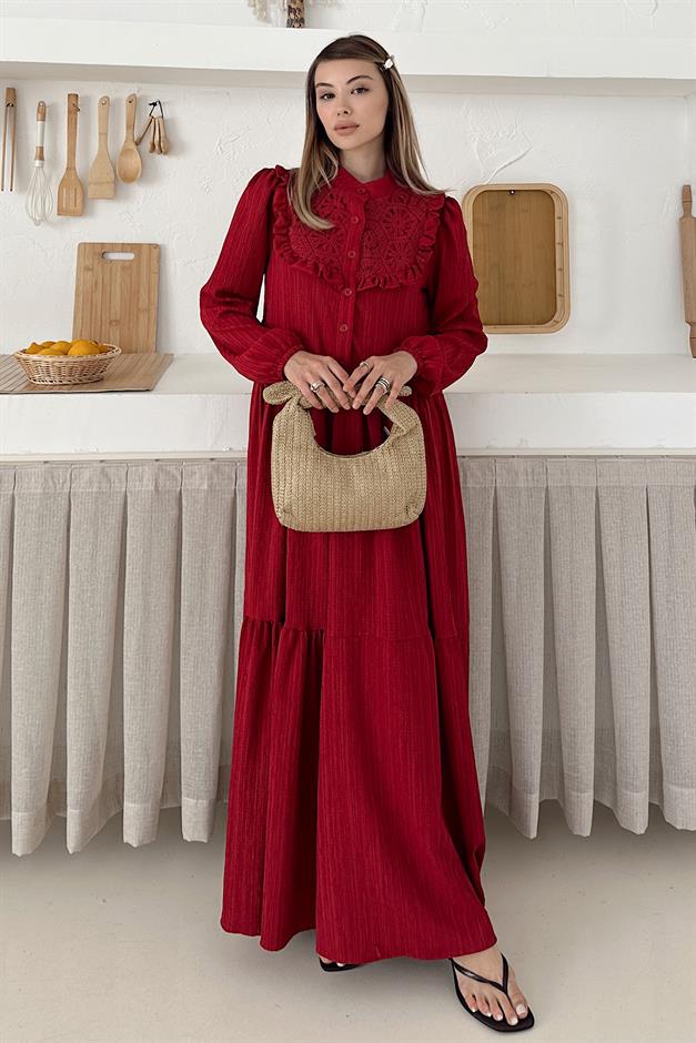 Lined Dress with Ruffle and Guipure Detail on the Front RED 9322-E