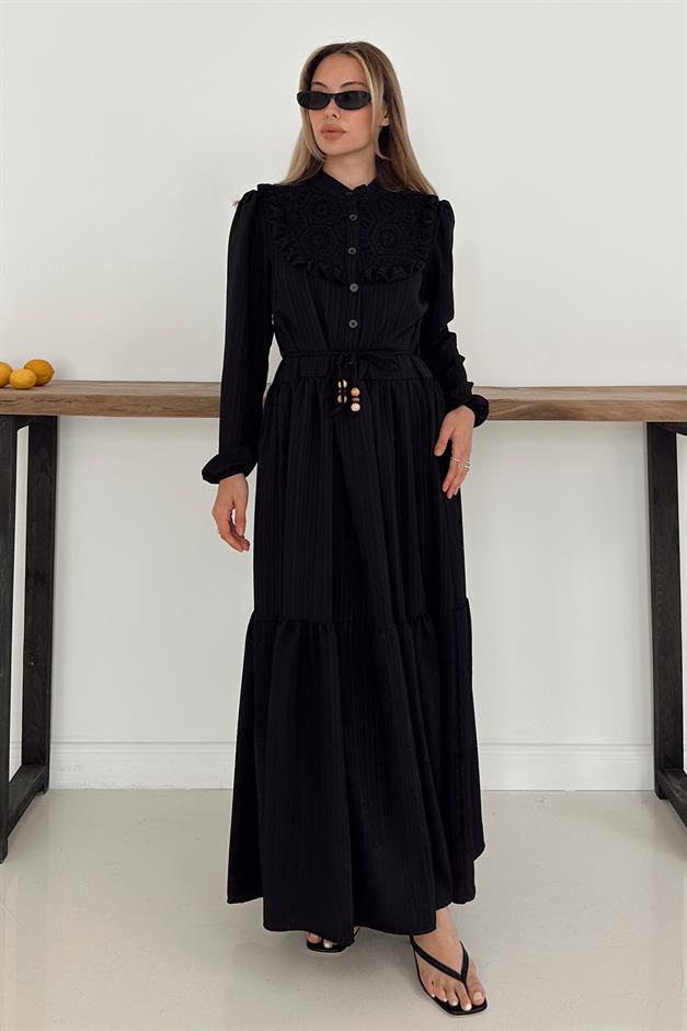 Lined Dress with Ruffle and Guipure Detail on the Front BLACK 9322-E