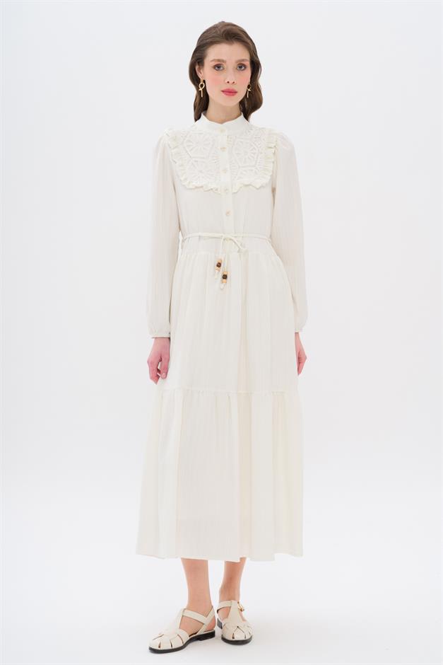 Lined Dress with Ruffle and Guipure Detail on the Front IVORY 9322-E