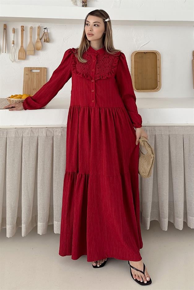 Lined Dress with Ruffle and Guipure Detail on the Front RED 9322-E