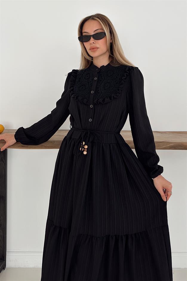 Lined Dress with Ruffle and Guipure Detail on the Front BLACK 9322-E