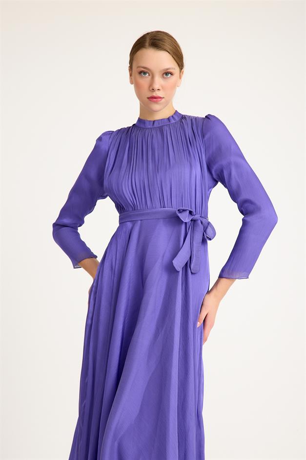 فستان سهرة شيفون كريستالي واسع مع تفاصيل أمامية مطوية ليلا 4939-E