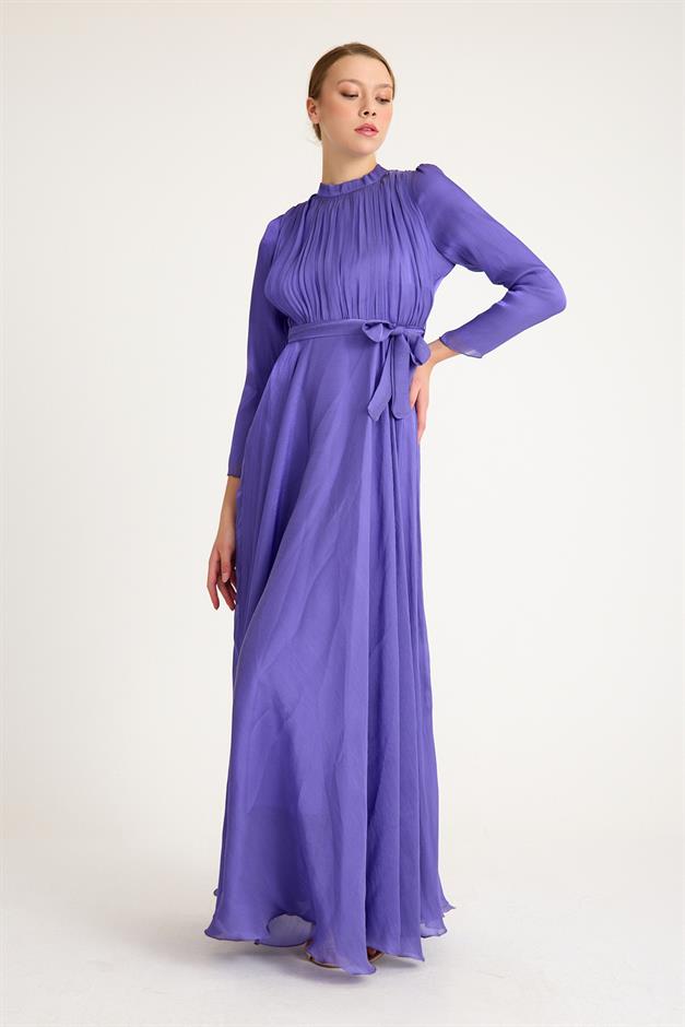 فستان سهرة شيفون كريستالي واسع مع تفاصيل أمامية مطوية ليلا 4939-E