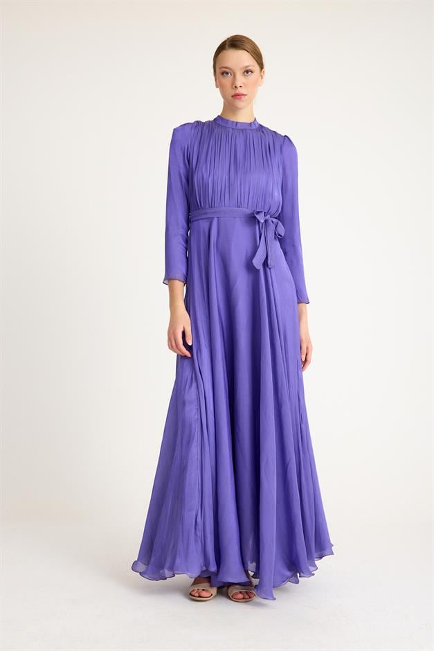 فستان سهرة شيفون كريستالي واسع مع تفاصيل أمامية مطوية ليلا 4939-E