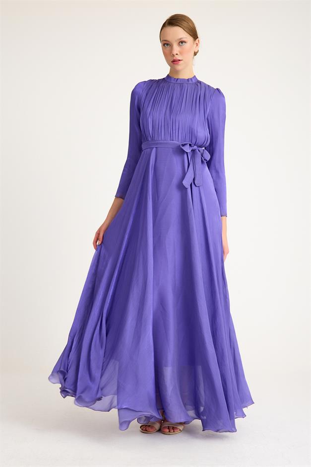 فستان سهرة شيفون كريستالي واسع مع تفاصيل أمامية مطوية ليلا 4939-E