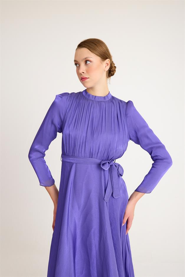 فستان سهرة شيفون كريستالي واسع مع تفاصيل أمامية مطوية ليلا 4939-E