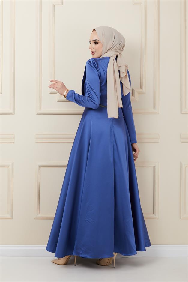 Satin Evening Dress with Pleated and Beaded Front K. INDIGO 1624