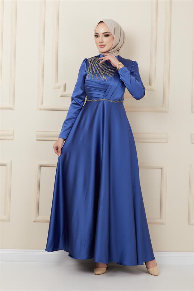 Satin Evening Dress with Pleated and Beaded Front K. INDIGO 1624