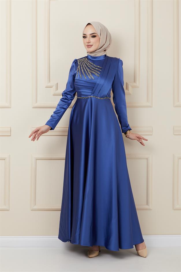 Satin Evening Dress with Pleated and Beaded Front K. INDIGO 1624