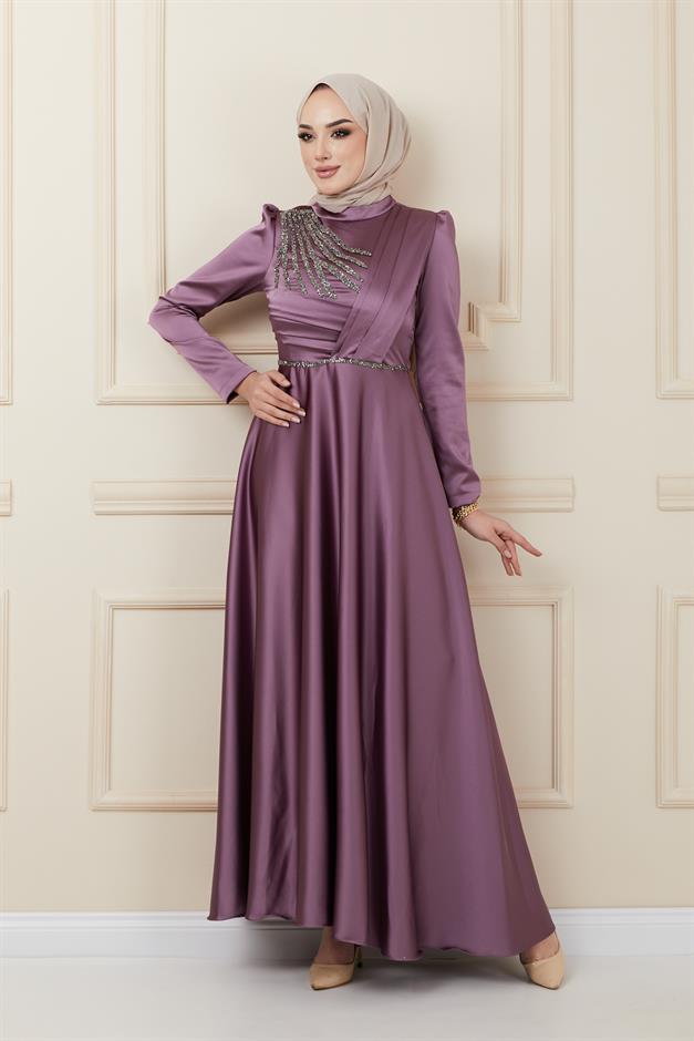 فستان سهرة ساتان مع طيات وخرز في الأمام ك. ليلا 1624