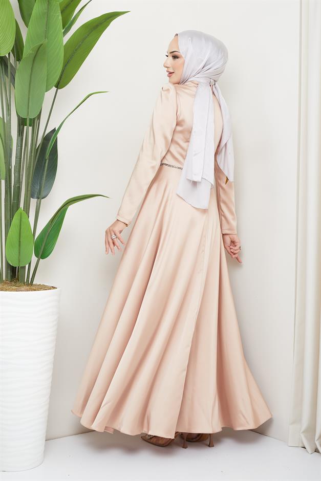 فستان سهرة ساتان مع طيات وخرز في الأمام كامل 1624