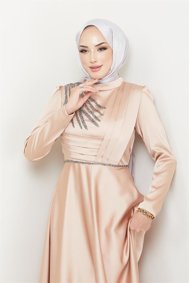 فستان سهرة ساتان مع طيات وخرز في الأمام كامل 1624