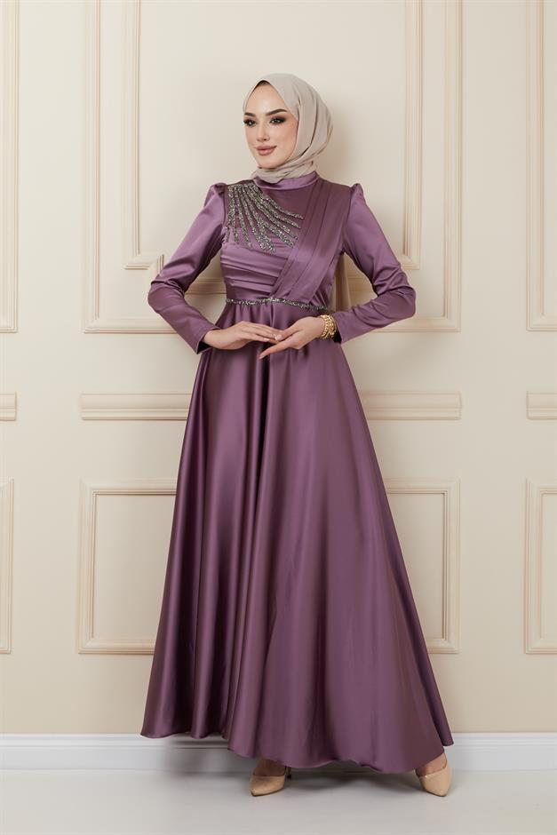 فستان سهرة ساتان مع طيات وخرز في الأمام ك. ليلا 1624