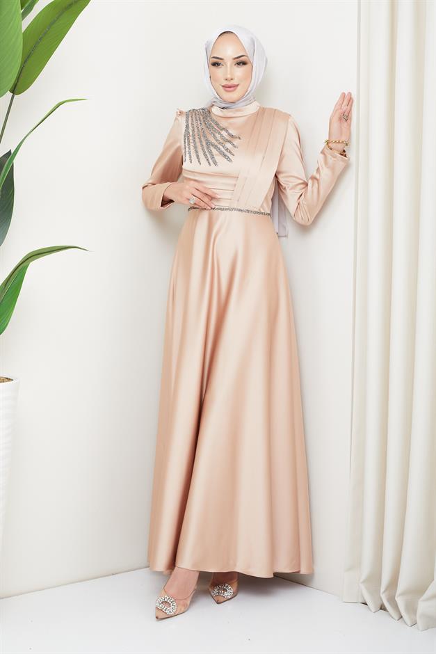 فستان سهرة ساتان مع طيات وخرز في الأمام كامل 1624