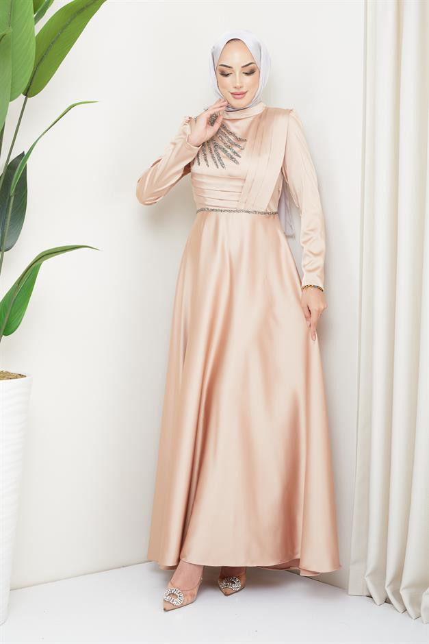 فستان سهرة ساتان مع طيات وخرز في الأمام كامل 1624