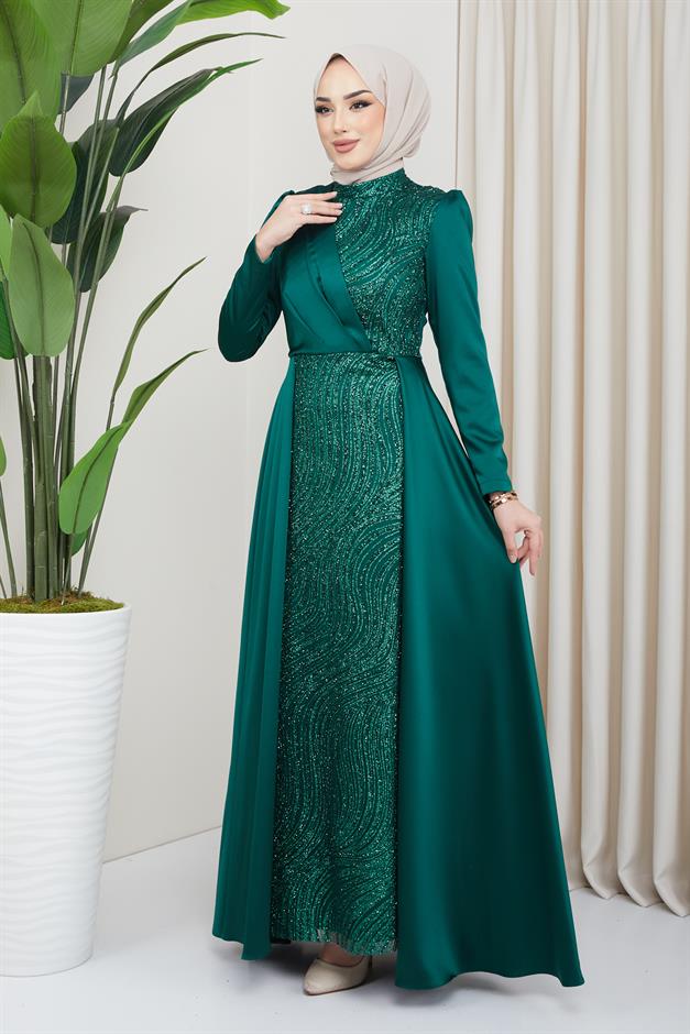 فستان سهرة ساتان للحجاب مع تنورة كيب وتفاصيل ترتر وبريق في الأمام أخضر 1642