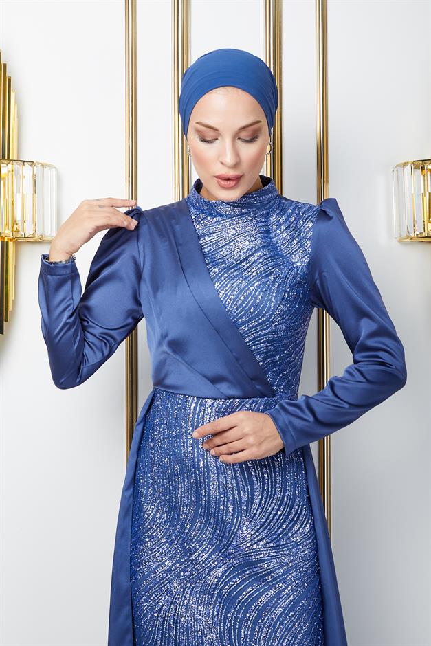 فستان سهرة ساتان للحجاب مع تنورة كيب وتفاصيل ترتر وبريق في الأمام أزرق 1642