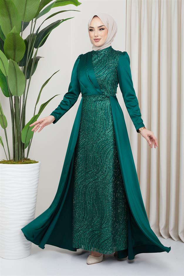 فستان سهرة ساتان للحجاب مع تنورة كيب وتفاصيل ترتر وبريق في الأمام أخضر 1642