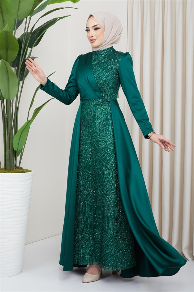 فستان سهرة ساتان للحجاب مع تنورة كيب وتفاصيل ترتر وبريق في الأمام أخضر 1642