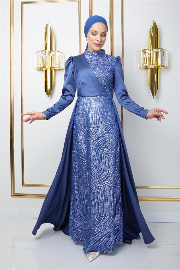 فستان سهرة ساتان للحجاب مع تنورة كيب وتفاصيل ترتر وبريق في الأمام أزرق 1642
