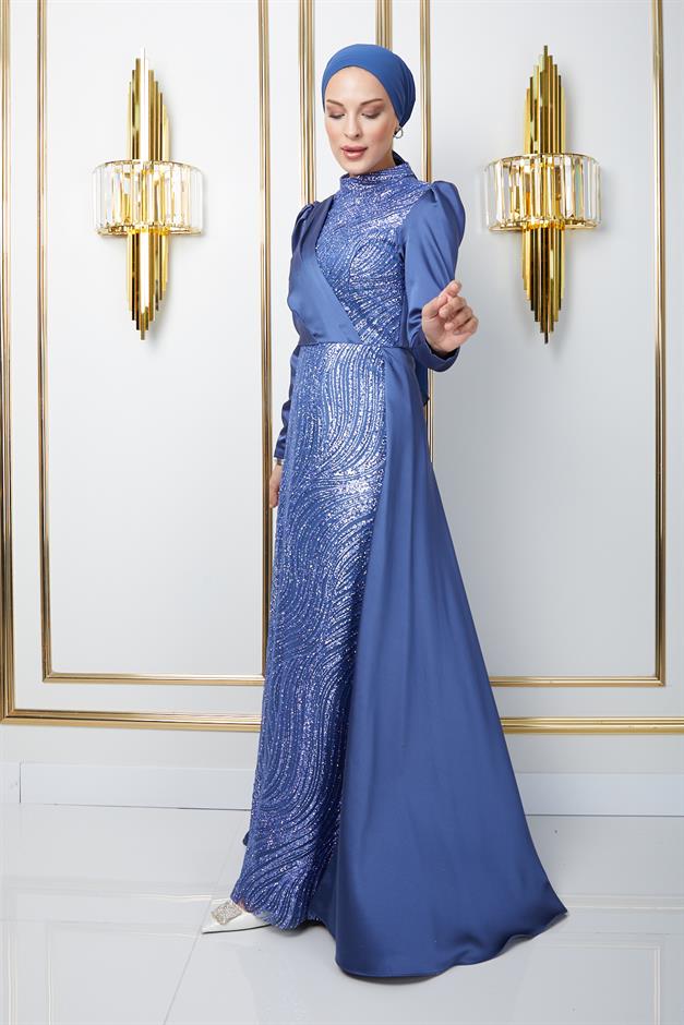 فستان سهرة ساتان للحجاب مع تنورة كيب وتفاصيل ترتر وبريق في الأمام أزرق 1642