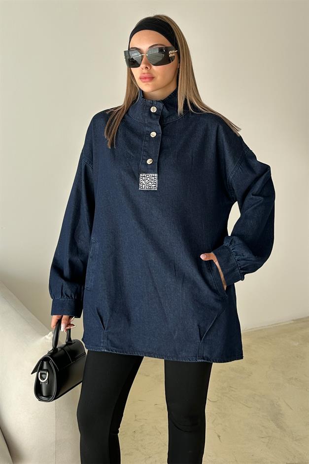 Loose Denim Tunic with Stone Detail on the Front DARK BLUE 9831