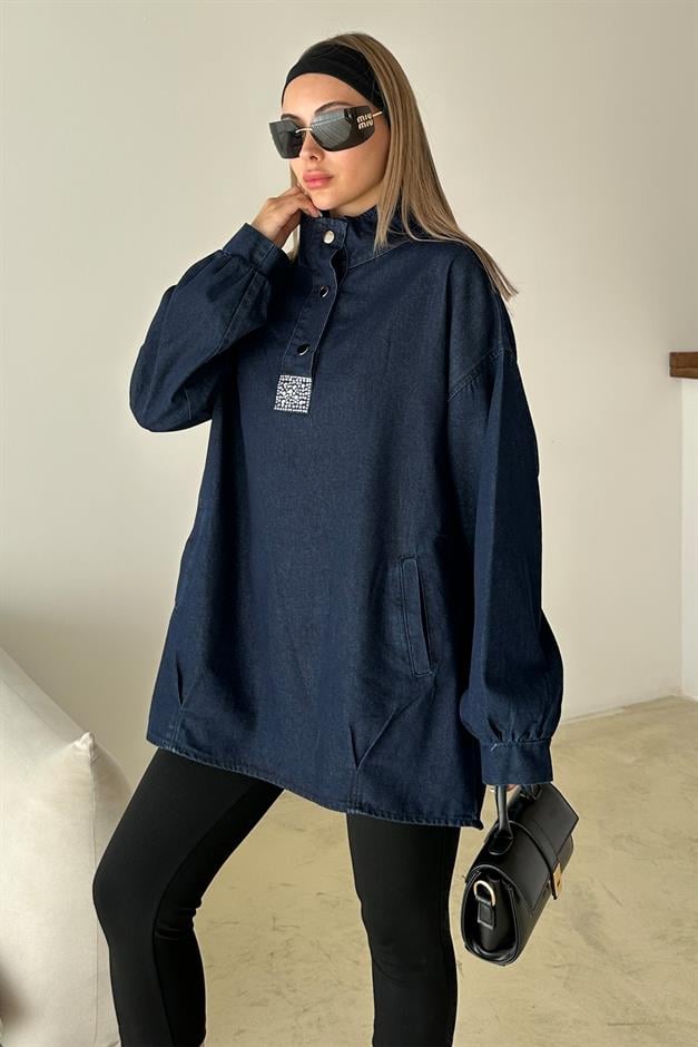 Loose Denim Tunic with Stone Detail on the Front DARK BLUE 9831