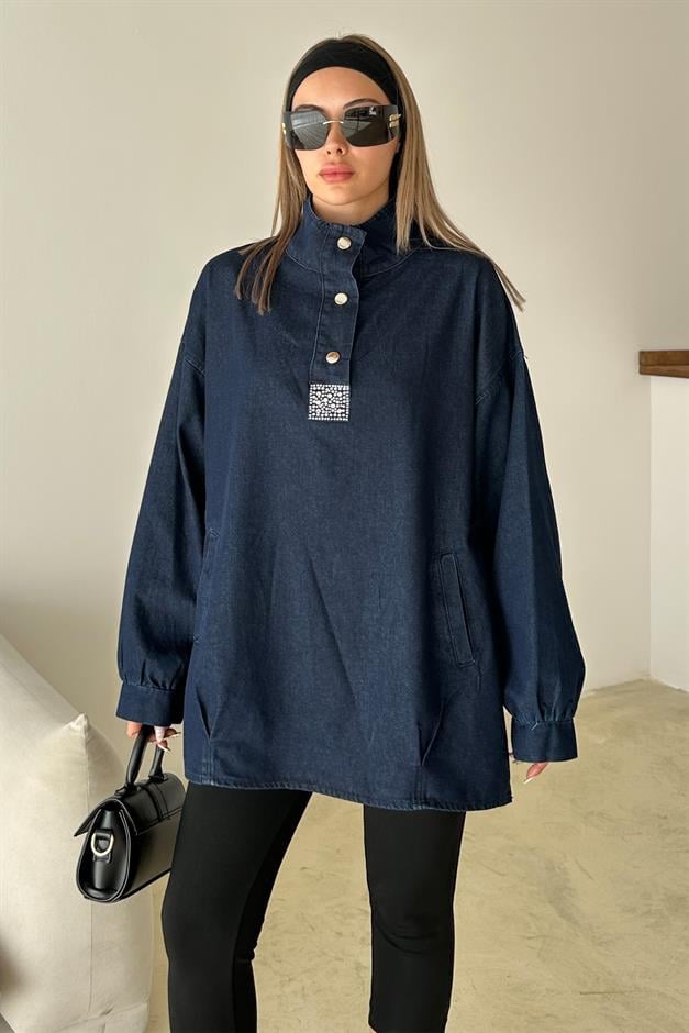 Loose Denim Tunic with Stone Detail on the Front DARK BLUE 9831