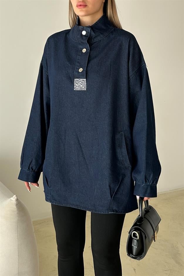 Loose Denim Tunic with Stone Detail on the Front DARK BLUE 9831