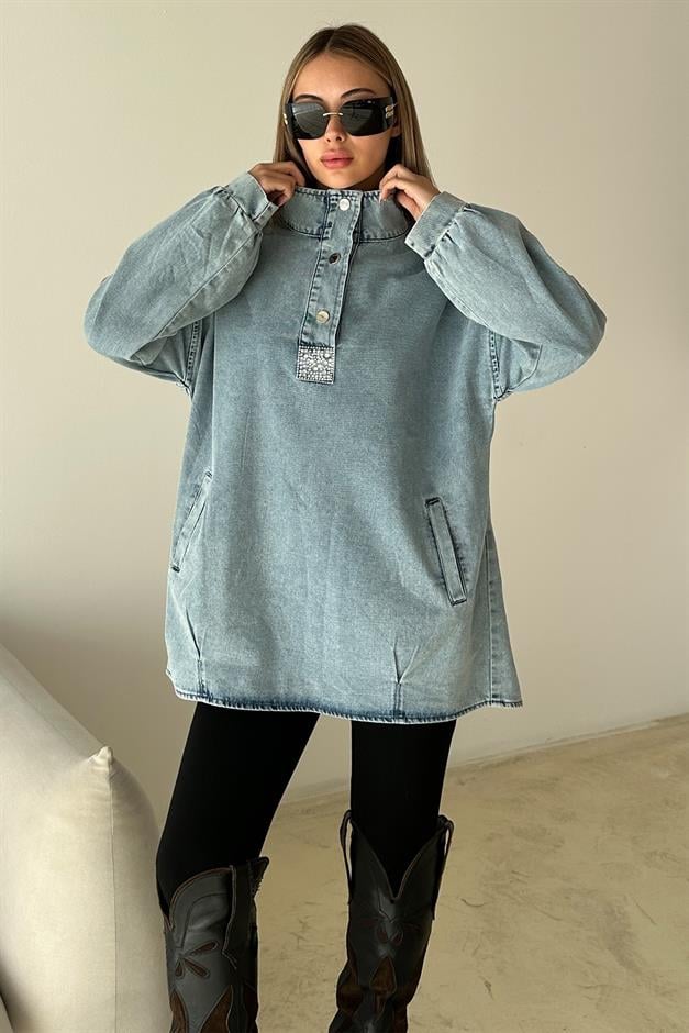 Loose Denim Tunic with Stone Detail on the Front BLUE 9831