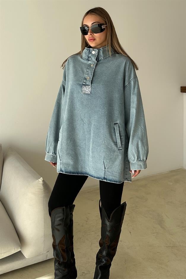 Loose Denim Tunic with Stone Detail on the Front BLUE 9831