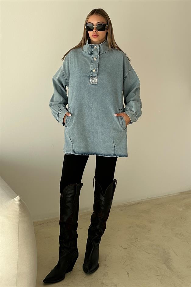 Loose Denim Tunic with Stone Detail on the Front BLUE 9831
