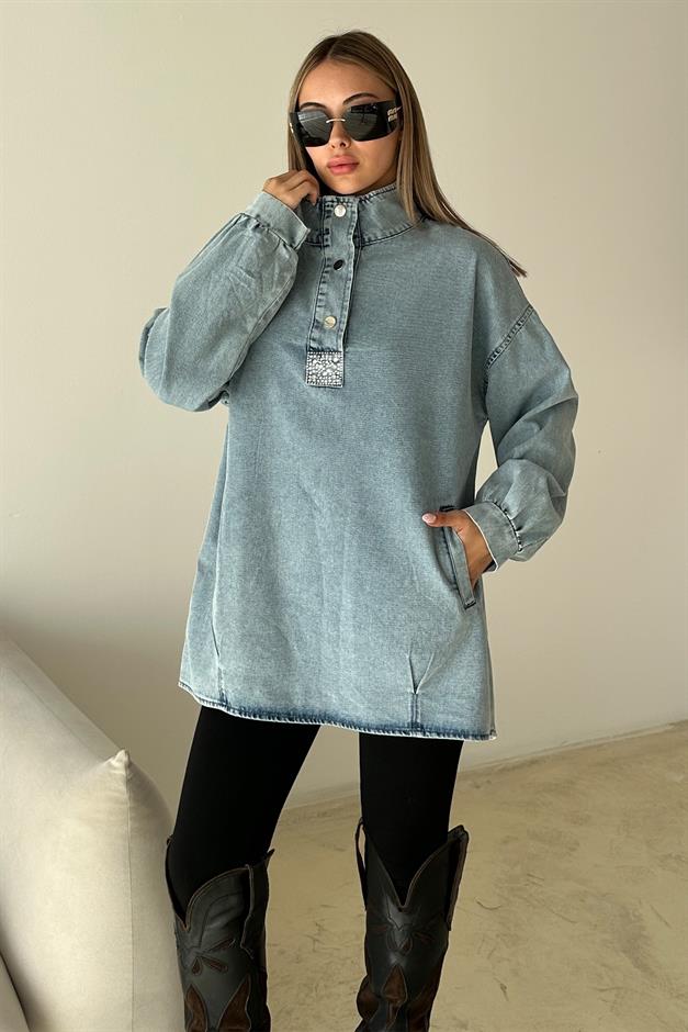 Loose Denim Tunic with Stone Detail on the Front BLUE 9831