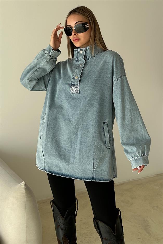 Loose Denim Tunic with Stone Detail on the Front BLUE 9831