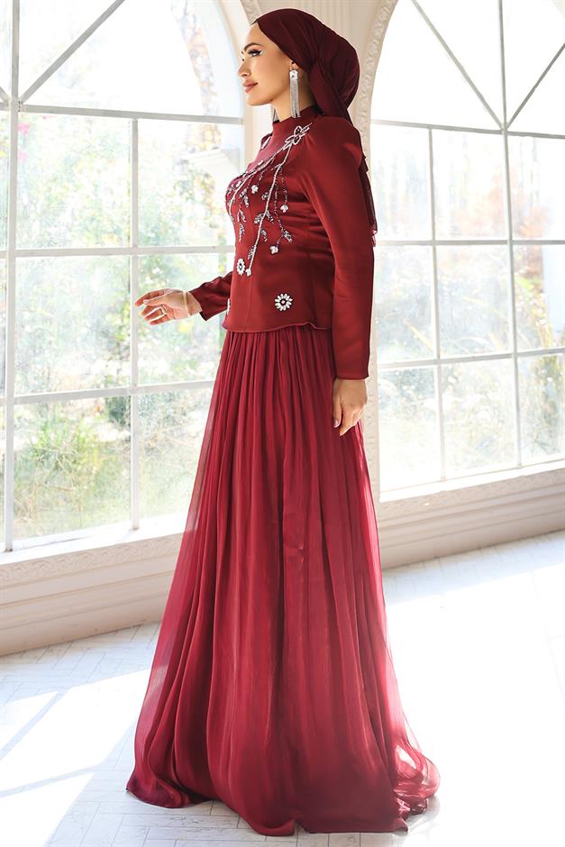 Önü Taş İşlemeli Saten Yoryo İpek Kombinli Tesettür Abiye Elbise BORDO 1055