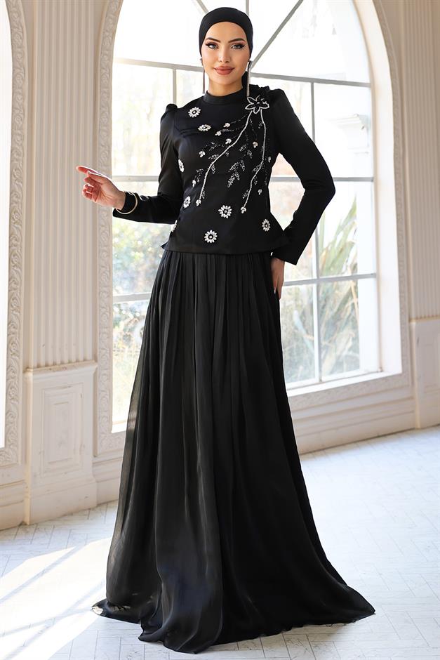 Önü Taş İşlemeli Saten Yoryo İpek Kombinli Tesettür Abiye Elbise SİYAH 1055
